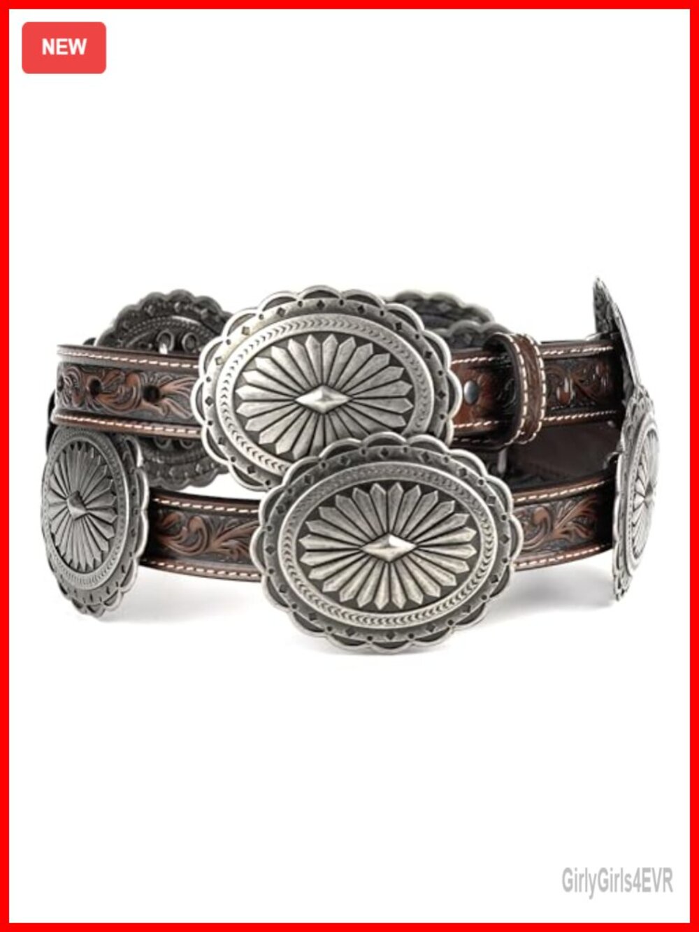 Genuine Leather Tooled Western Belt with Silver Oval Concho
